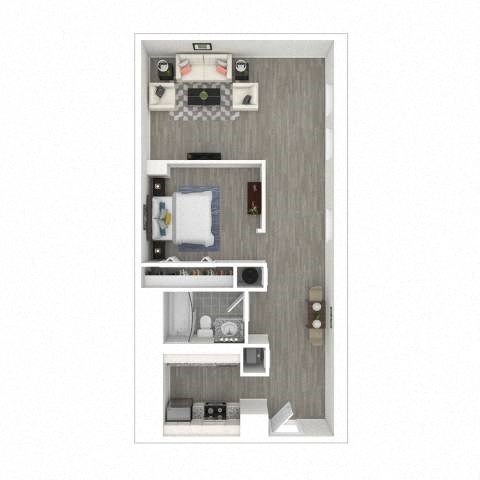 A diagram of a small apartment with a bedroom and a kitchen.